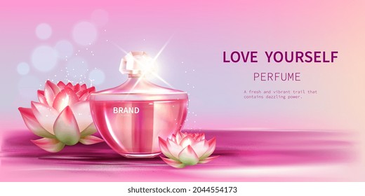 Elegant perfume pink glass bottle advertisment upon water surface. Concept of beautiful ad template for web banner or social media post. Flat cartoon vector illustration