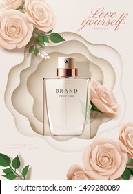 Elegant Perfume Poster Ads With Paper Roses And Hollow Background In 3d Illustration