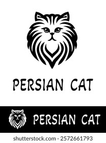 Elegant Persian cat logo design in black and white, featuring a fluffy fur outline and captivating facial details