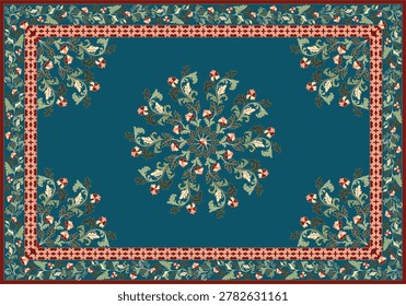 Elegant Persian-inspired carpet pattern with floral ornaments, leafy vines, and decorative borders on a deep teal background, creating a timeless vintage textile design.Vector flowing leaves rug design. Flora carpet pattern