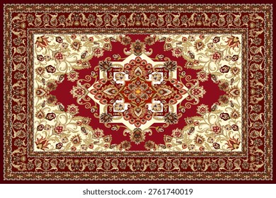 Elegant Persian-style carpet pattern featuring intricate floral ornaments and a central medallion in rich red and gold tones. Ideal for textile design, home decor, backgrounds, and vintage luxury projects.