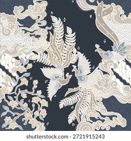 Fênix elegante e padrão batik floral com nuvens