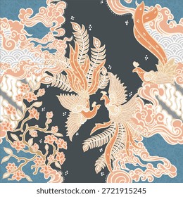 Fênix elegante e padrão batik floral com nuvens