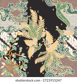 Fênix elegante e padrão batik floral com nuvens