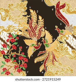 Fênix elegante e padrão batik floral com nuvens