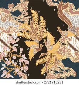 Fênix elegante e padrão batik floral com nuvens