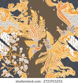 Fênix elegante e padrão batik floral com nuvens