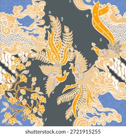 Fênix elegante e padrão batik floral com nuvens
