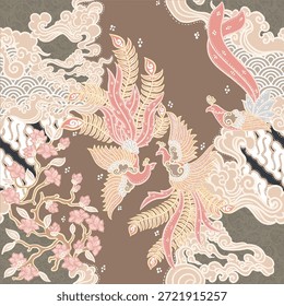 Fênix elegante e padrão batik floral com nuvens