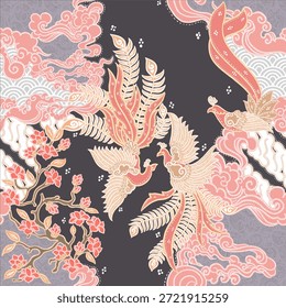 Fênix elegante e padrão batik floral com nuvens