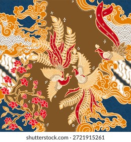 Fênix elegante e padrão batik floral com nuvens