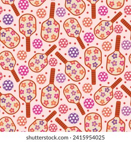 Elegant pickleball paddles patterned with retro groovy flowers seamless pattern with balls in orange, red, purple and pink on light cream background. For backgrounds, sportswear, fabric and textile 