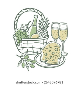 Elegant picnic illustration with a basket of grapes, pineapple, lemon, wine bottle, two glasses of champagne, Swiss cheese, olives, and a plate. Italian still life, food in minimalist style, line art