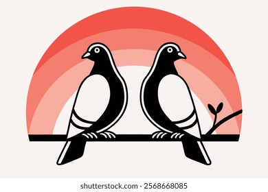 Elegant Pigeon Couple on Branch Vector Illustration in Black and White