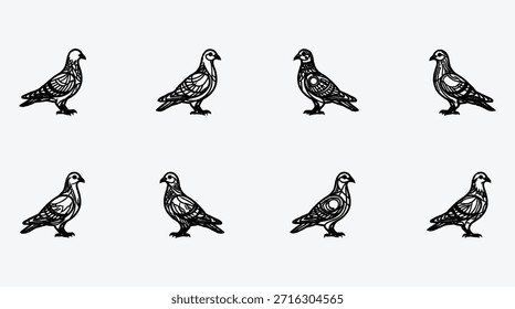 Elegant pigeon pattern with unique line art design in monochrome style