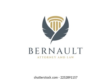 Elegant pillars and feather of law logo, representing the solid foundation by the law.