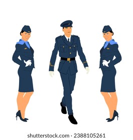 Elegant pilot in uniform walking between smiling stewardess vector illustration. Charming hostess business woman on duty. Air plane cabin crew members. Young lady successful carrier girl.