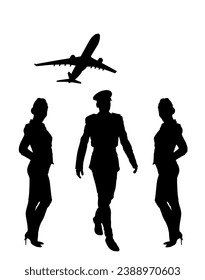 Elegant pilot in uniform walking between smiling stewardess vector silhouette illustration. Charming hostess business woman on duty. Air plane cabin crew members. Young lady successful carrier girl.