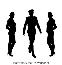 Elegante piloto con uniforme caminante entre sonrientes mayordomos ilustración de silueta vectorial. Encantadora mujer de negocios de la anfitriona en servicio. Miembros de la tripulación de cabina del avión. Jovencita exitosa portadora.