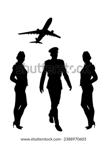 Elegant pilot in uniform walking between smiling stewardess vector silhouette illustration. Charming hostess business woman on duty. Air plane cabin crew members. Young lady successful carrier girl.