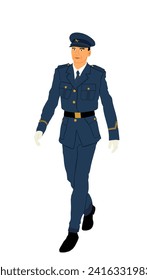 Elegant pilot in uniform walking vector illustration. Air plane cabin crew member. Civil air traffic captain officer on duty. Patriot man. Handsome boy.