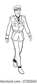 Elegante piloto em ilustração vetor de caminhada uniforme isolado. Tripulante de cabina de avião. Oficial de capitão de tráfego aéreo em serviço. Homem patriota. Garoto bonito. Soldado em desfile cerimonial uniforme.