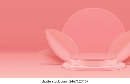 Elegant pink 3d podium with leaves mock up for cosmetic product presentation realistic vector illustration. Feminine trendy pastel showroom cylinder pedestal with circle wall background for show