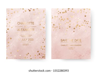 Elegante rosa Acryl Hochzeitskarten mit goldenen Sternen Konfetti.