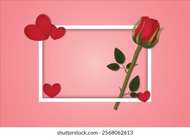 Elegant pink background with a rose, expanded outlined square, and hearts adorning its shape.