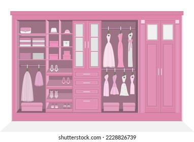 Elegante guardarropa de armario de dormitorio rosa con botellas de zapatos y rieles colgantes para ropa ilustraciones vectoriales realistas.