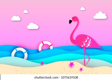 Elegant Pink bird Flamingo and lifebuoy in the sea in paper cut style. Origami layered beautiful seascape and sky.