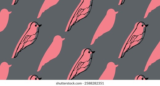 Elegant Pink Bird on a Gray Background with Artistic Line Details. Stylized bird pattern featuring pink silhouettes and artistic line details on a gray background, offering a modern and vibrant design