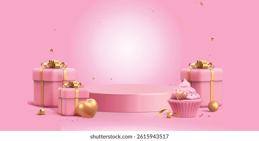 Elegant Pink Birthday Party Scene with Gifts, Cupcake, and Podium Perfect for Festive Designs and Celebrations
