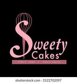 Elegant pink and black bakery logo featuring a whisk and vintage typography. Ideal for cake shops, dessert brands, or cafes looking for a classic and stylish brand identity.