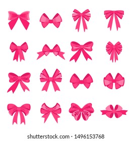 Elegant pink bows from a wide ribbon. Decor for greeting cards for birthday, christmas, new year. Gifts on sale, prize to winner. Surprises for holidays and packing presents. Flat illustration.