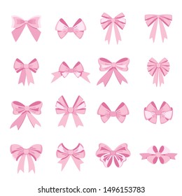 Elegant pink bows from a wide ribbon. Decor for greeting cards for birthday, christmas, new year. Gifts on sale, prize to winner. Surprises for holidays and packing presents. Flat illustration.