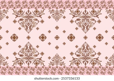 Elegant Pink and Brown Damask Pattern with Ornamental Floral Motifs - Vintage-Inspired Baroque Design for Fabric, Wallpaper, and Luxury Home Decor - Classic Decorative Style with Subtle Earth Tones