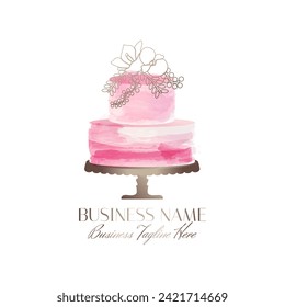 Elegant Pink Cake Logo Design with Gold Flowers