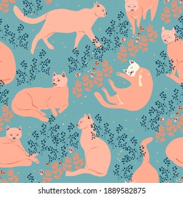 Elegant pink cats on delicate turquoise blue color background. Seamless vector pattern for fabric, wallpaper, wrapping paper, scrapbook paper, post card, invitation. Square design.