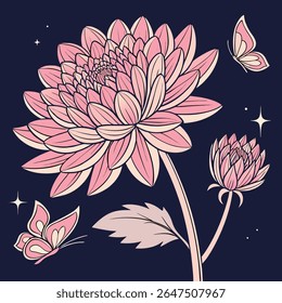 Elegantes flores de crisântemo rosa e borboletas vetorial arte em um fundo escuro, ideal para projetos serenos inspirados na natureza.