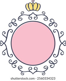 Elegant pink circle frame featuring a golden crown adorned with delicate flourishes, creating a perfect backdrop for princess themed designs and charming girly projects