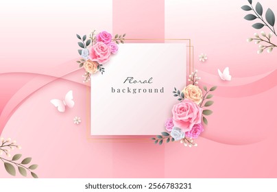 Elegant pink curve floral with rose flowers and butterflies background design. Greeting or invitation template for valentines, mothers day, wedding, and women day concept.