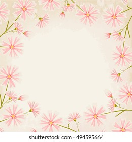 Elegant pink daisy flowers round border design element on vintage paper background.