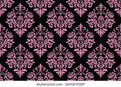 Elegant pink damask floral pattern on a black background, showcasing vintage baroque-inspired design. Perfect for wallpapers, textiles, and luxury decor themes.