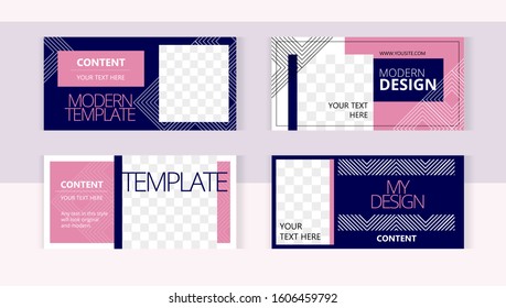 Elegant pink and dark blue linear patterns. Background set horizontal banner templates with frame for images.