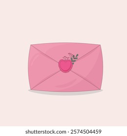 Elegant pink envelope with a heart-shaped wax seal and floral decoration. Perfect for wedding invitations, romantic greetings, and festive postcards.