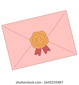 Elegant pink envelope sealed with a wax stamp and ribbon. Flat vector design ideal for invitations, wedding stationery, formal correspondence, and romantic or vintage-themed graphics.