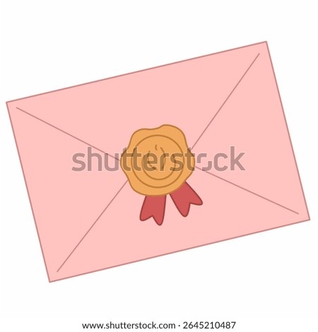 Elegant pink envelope sealed with a wax stamp and ribbon. Flat vector design ideal for invitations, wedding stationery, formal correspondence, and romantic or vintage-themed graphics.