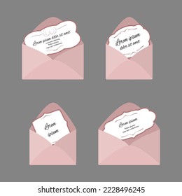 Elegant pink envelopes with curly postcards inside. Holiday theme. Congratulation or invitation Vector  illustration. 