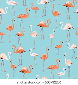 Elegant pink flamingo birds seamless pattern on sky blue background.